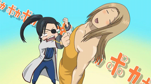 1boy, 1girl, animated, animated_gif, black_hair, blush, eyepatch, gintama, gradient_background, lowres, parody, ponytail, seitokai_yakuindomo, simple_background, smile, toujou_ayumu, yagyuu_kyuubei