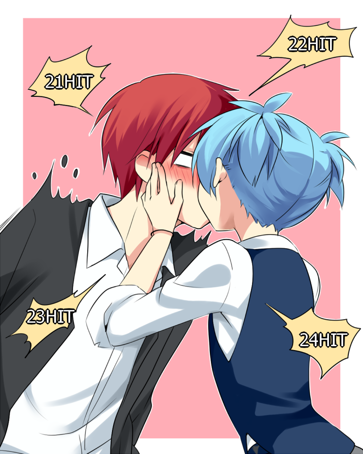 10s, 2boys, akabane_karma, ansatsu_kyoushitsu, bad_id, bad_pixiv_id, blue_hair, blush, combo, combo_counter, hi-ma, jacket, kiss, male_focus, multiple_boys, red_hair, shiota_nagisa, shirt, short_hair, short_twintails, surprised, trap, twintails, vest, yaoi