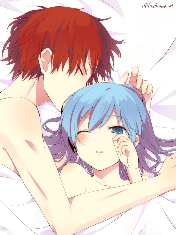 10s, 2boys, akabane_karma, ansatsu_kyoushitsu, bad_id, bad_pixiv_id, blue_eyes, blue_hair, blush, closed_eyes, hair_down, hi-ma, male_focus, multiple_boys, one_eye_closed, red_hair, shiota_nagisa, short_hair, trap, twitter_username, under_covers, yaoi