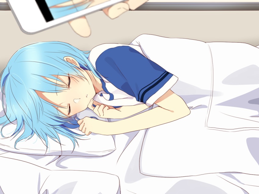 10s, 1boy, ansatsu_kyoushitsu, bad_id, bad_pixiv_id, blue_hair, blush, camera_phone