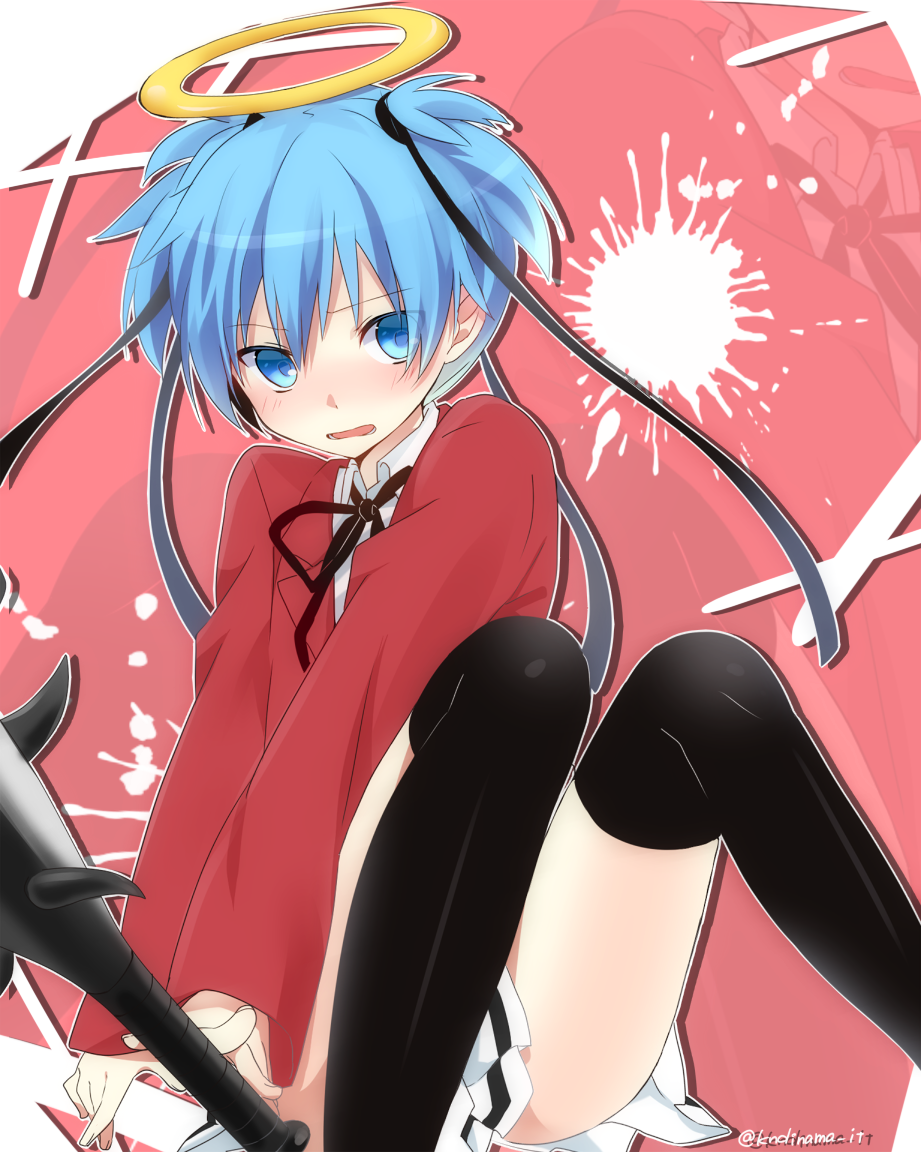 1boy, ansatsu_kyoushitsu, bad_id, bad_pixiv_id, black_thighhighs, blue_eyes, blue_hair, blush