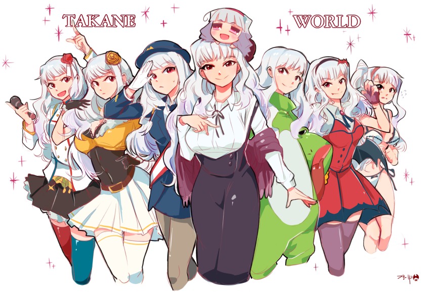 6+girls, animal_costume, beyond_the_nobles, bikini, blue_thighhighs, character_name, cropped_legs, english_text