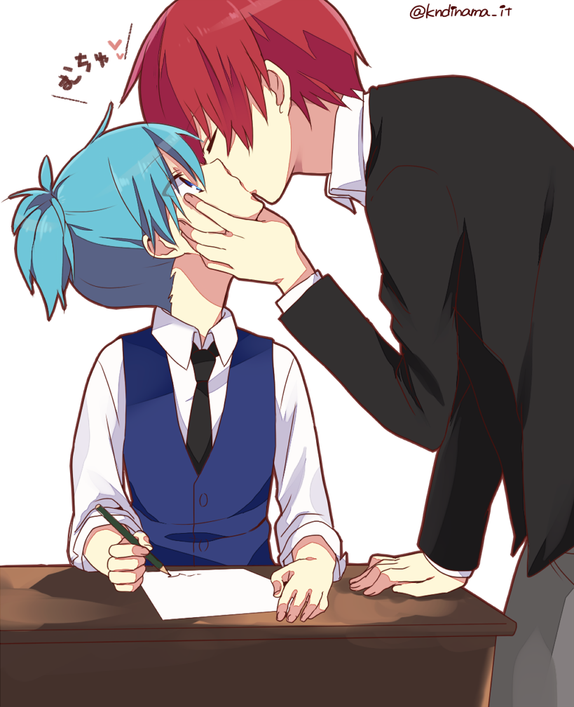 10s, 2boys, akabane_karma, ansatsu_kyoushitsu, aqua_hair, blue_eyes, child, closed_eyes, hi-ma, jacket, kiss, male_focus, multiple_boys, necktie, red_hair, shiota_nagisa, shirt, short_hair, simple_background, sitting, standing, t-shirt, table, translation_request, vest, white_background, writing, yaoi