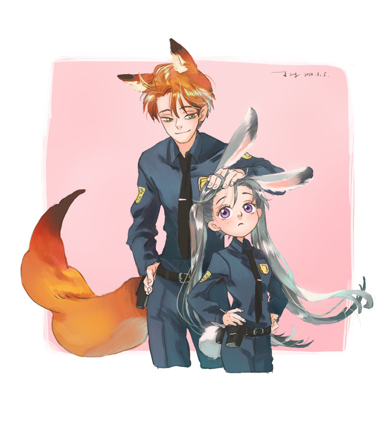 10s, 1boy, 1girl, 2016, animal_ears, ashuijing, belt_pouch, black_necktie, closed_mouth, collared_shirt, dated, disney, dress_shirt, fox_ears, fox_tail, frown, green_eyes, grey_hair, hand_on_another's_head, hands_on_own_hips, height_difference, judy_hopps, long_hair, long_sleeves, looking_at_another, necktie, nick_wilde, orange_hair, pants, personification, pink_background, police, police_uniform, policewoman, pouch, purple_eyes, rabbit_ears, rabbit_tail, shirt, smile, spoilers, tail, twintails, zootopia