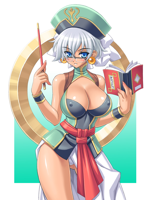 1girl, afuranoru, bad_id, bad_pixiv_id, blue_eyes, book, breasts, cleavage, covered_erect_nipples, dark-skinned_female, dark_skin, earrings, female_focus, glasses, hat, higuchi_isami, jewelry, large_breasts, panties, shinrabanshou, solo, underwear, wand, white_hair