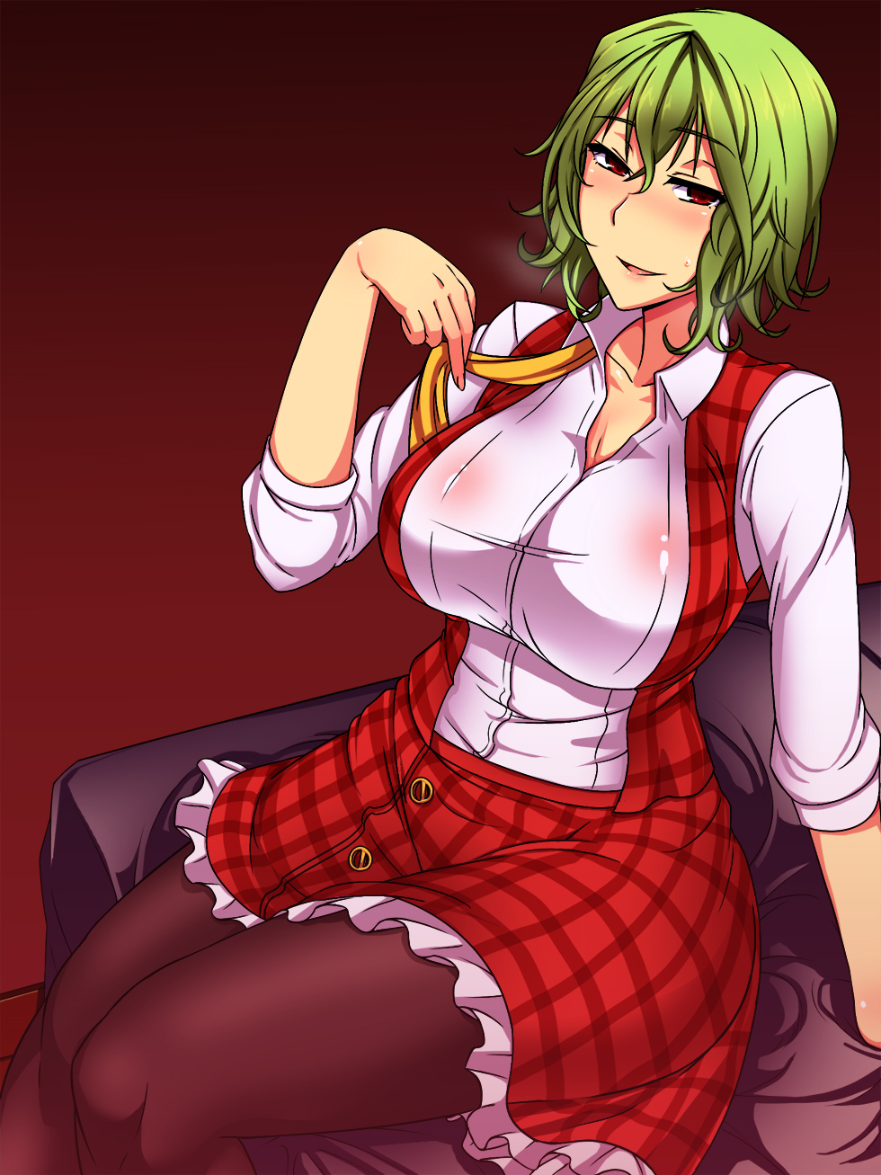 1_(kawaseha), 1girl, bed, black_pantyhose, blush, breasts, breath, cleavage, collarbone, come_hither, female_focus, green_hair, heavy_breathing, highres, kazami_yuuka, large_breasts, looking_at_viewer, miniskirt, nose_blush, on_bed, pantyhose, plaid_clothes, plaid_skirt, plaid_vest, red_eyes, seductive_smile, short_hair, sitting, skirt, skirt_set, smile, solo, thighs, touhou, undressing, vest, wet, wet_clothes