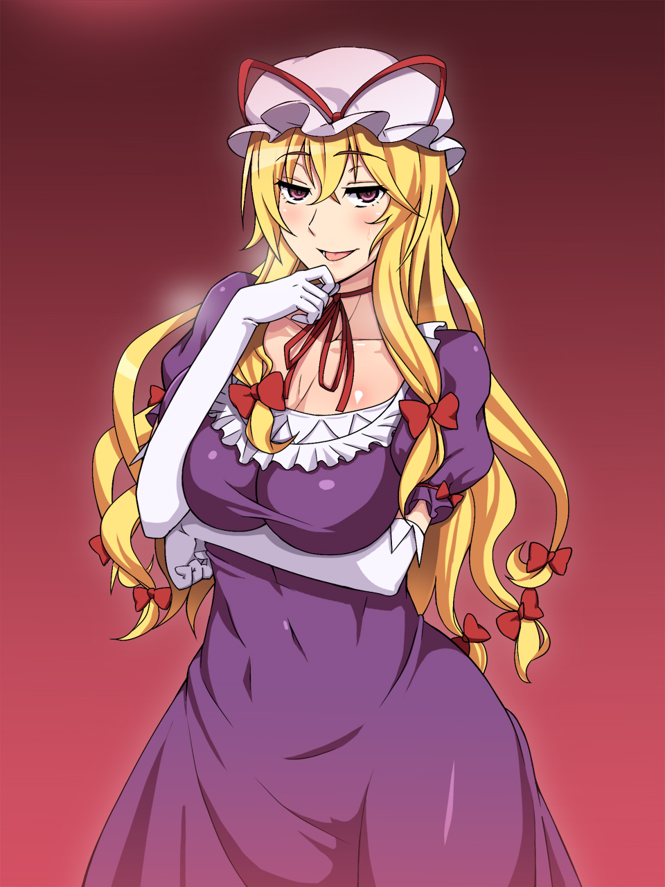 1_(kawaseha), 1girl, :d, blonde_hair, blush, bow, breast_hold, breasts