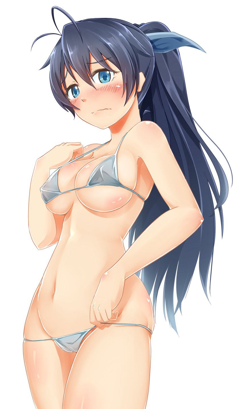 1girl, absurdres, antenna_hair, bikini, black_hair, blue_eyes, blush, breasts