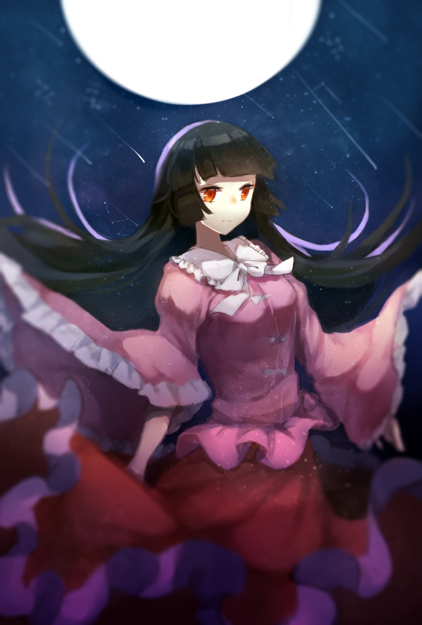 1girl, black_hair, blurry, constellation, female_focus, frills, full_moon, highres