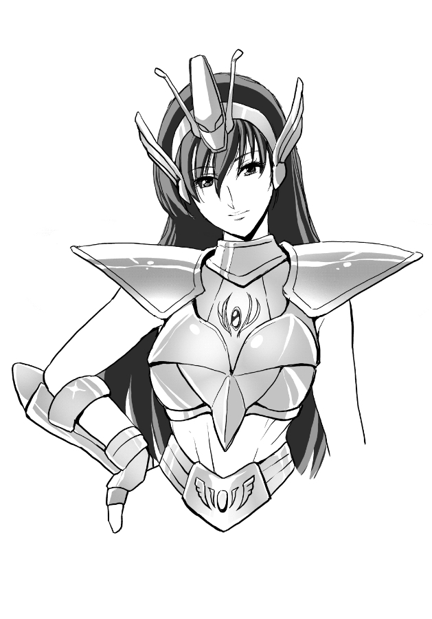 1girl, armor, equuleus_kyoko, female_focus, fingerless_gloves, gloves, greyscale, long_hair, monochrome, saint_seiya, saint_seiya_saintia_sho, simple_background, solo, tare-katsu, white_background