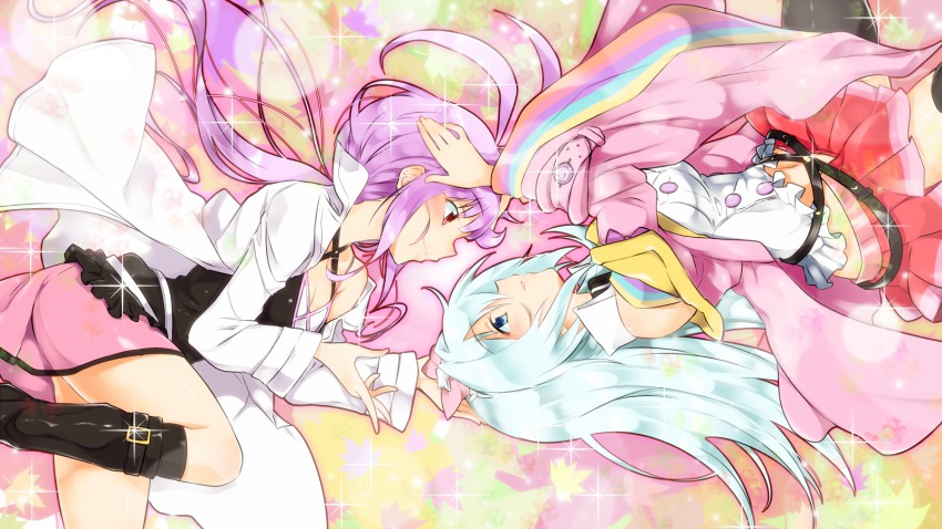 2girls, bare_shoulders, belt, blue_eyes, blue_hair, blush, cosplay, costume_switch