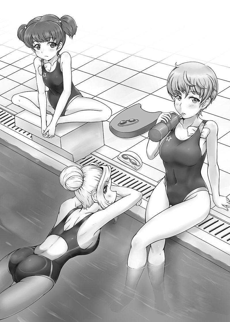 10s, 3girls, alisa_(girls_und_panzer), alternate_hairstyle, ass, barefoot, breasts, competition_swimsuit