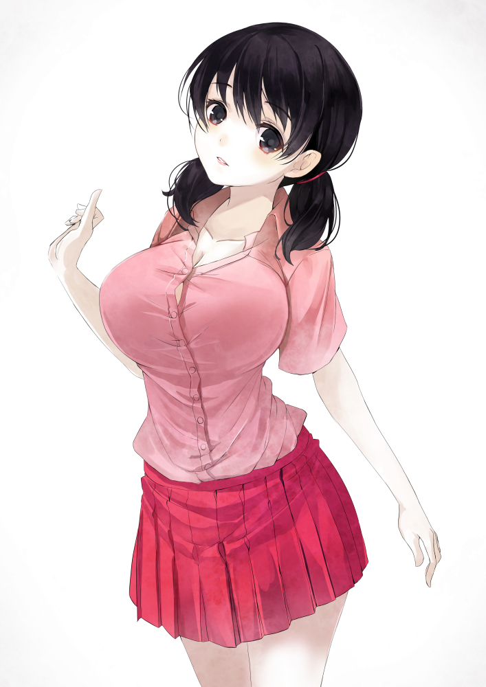 1girl, aged_up, black_eyes, black_hair, breasts, brown_eyes, bursting_breasts, cleavage, doraemon, female_focus, huge_breasts, large_breasts, looking_at_viewer, minamoto_shizuka, parted_lips, reio_reio, short_hair, skirt, smile, solo, standing, twintails