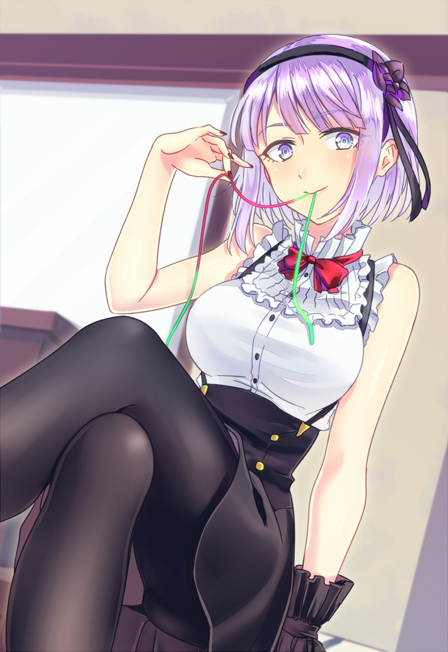 10s, 1girl, arm_at_side, arm_support, black_flower, black_pantyhose, black_ribbon, black_skirt, blue_eyes, bow, bowtie, breasts, crossed_legs, dagashi_kashi, dress_shirt, dutch_angle, eyebrows, eyelashes, female_focus, flower, food, food_in_mouth, food_request, frills, hair_flower, hair_ornament, hair_ribbon, hairband, high-waist_skirt, highres, holding, holding_food, indoors, large_breasts, looking_at_viewer, mouth_hold, nail_polish, pantyhose, purple_eyes, purple_hair, red_bow, red_bowtie, red_nails, ribbon, ringed_eyes, rosa_tsubomi, shidare_hotaru, shirt, short_hair, sitting, skirt, sleeveless, solo, suspender_skirt, suspenders, sweets, upskirt, white_shirt, wrist_cuffs