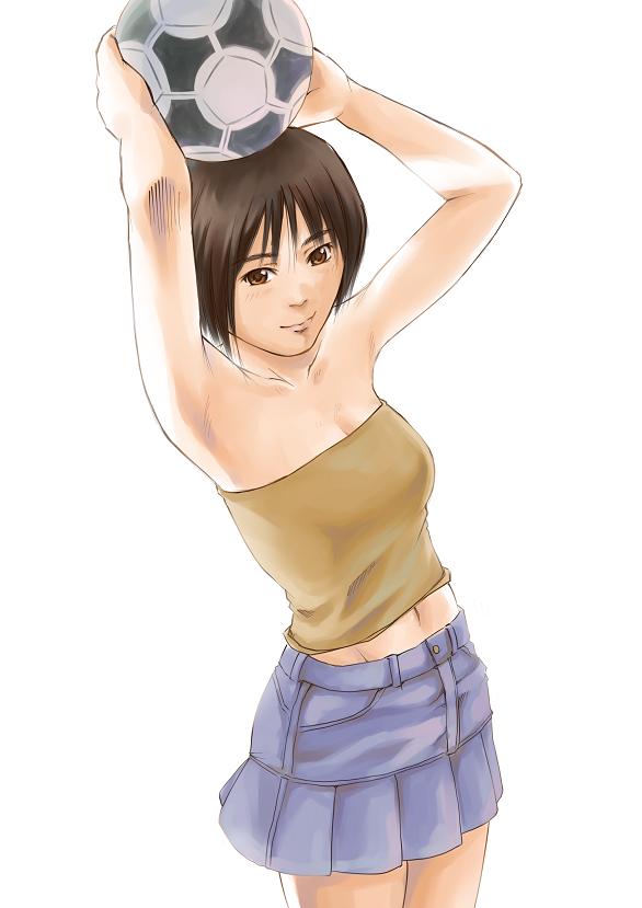 1girl, armpits, ball, bare_shoulders, brown_eyes, brown_hair, female_focus, midriff