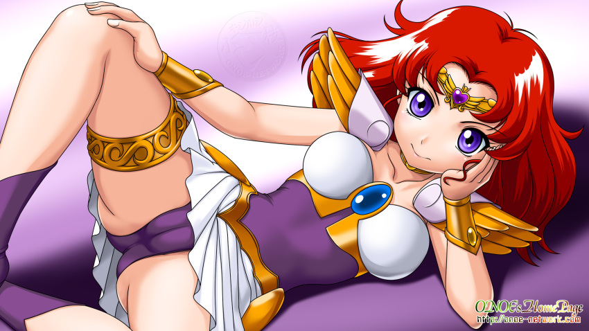 1990s_(style), 1girl, ai_tenshi_densetsu_wedding_peach, angel_salvia, artist_name, bad_id, bad_pixiv_id, collarbone, female_focus, head_rest, highres, jewelry, leotard, looking_at_viewer, magical_girl, miniskirt, onoe, panties, purple_background, purple_eyes, purple_leotard, purple_panties, purple_shoes, red_hair, retro_artstyle, scarlet_ohara, shoes, short_hair, shoulder_pads, skirt, solo, thighlet, tiara, underwear, upskirt, watermark, web_address, white_skirt, wrist_cuffs