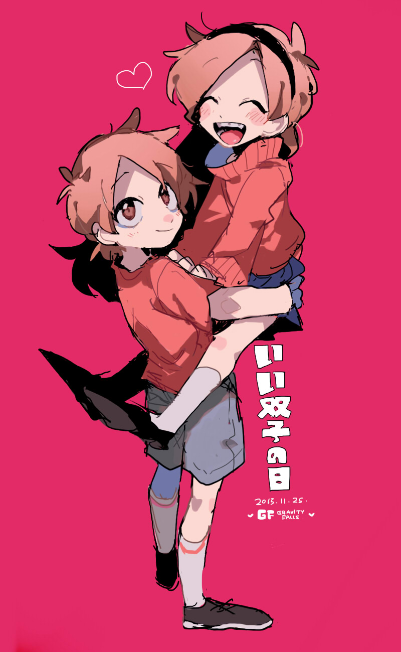 10s, 1boy, 1girl, 2015, ^_^, back, between_legs, black_footwear, blush, brother_and_sister, brown_eyes, brown_hair, carrying, closed_eyes, copyright_name, dated, dipper_pines, gomoku418, gravity_falls, hairband, happy, heart, highres, japanese_text, kneehighs, long_hair, long_sleeves, looking_at_viewer, mabel_pines, messy_hair, pink_background, shirt, shoes, shorts, siblings, simple_background, sketch, skirt, smile, sneakers, socks, standing, t-shirt, turtleneck, twins, white_socks