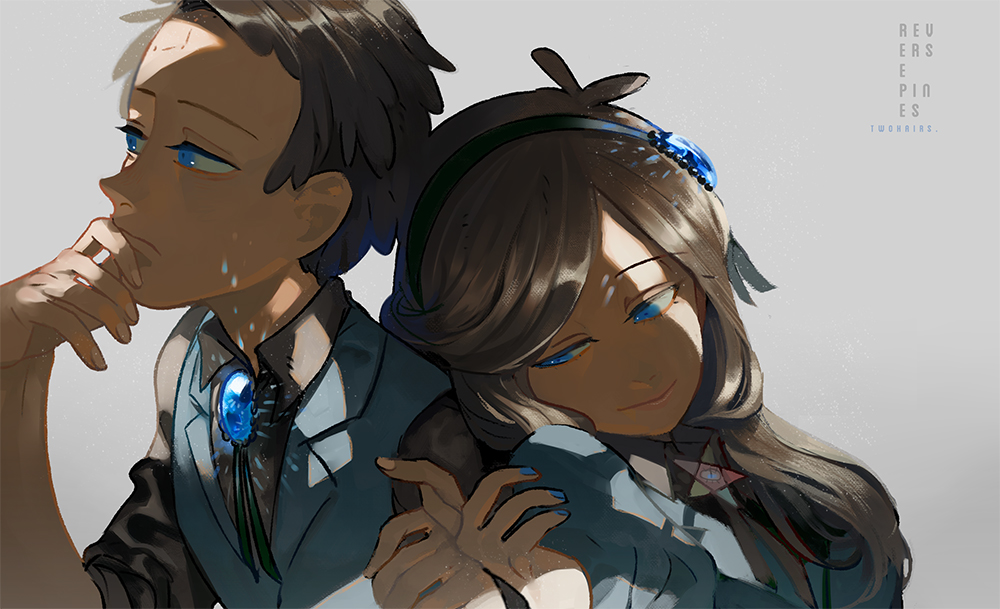 1boy, 1girl, black_ribbon, black_shirt, blue_eyes, blue_nails, blue_vest, brooch