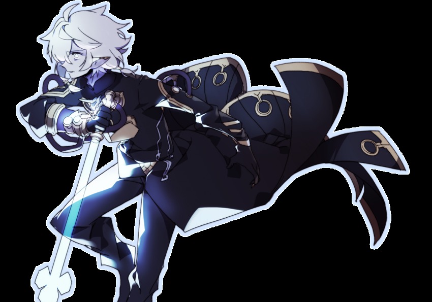 1boy, anpolly, aqua_hair, blue_skin, coat, colored_skin, elf, etrian_odyssey, expressionless, gloves, glowing, male_focus, pointy_ears, reverse_grip, sekaiju_no_meikyuu, sekaiju_no_meikyuu_5, solo, transparent_background, warlock_(sekaiju), warlock_1_(sekaiju), yellow_eyes