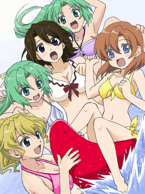 5girls, :o, armpits, bikini, blonde_hair, blue_eyes, blush, breasts, brown_hair, cab., cleavage, creator_connection, crossover, curly_hair, green_eyes, green_hair, hair_ribbon, higurashi_no_naku_koro_ni, in-franchise_crossover, large_breasts, long_hair, looking_at_another, magatama, medium_breasts, multiple_girls, navel, official_style, open_mouth, orange_hair, ponytail, ribbon, ryuuguu_rena, shannon_(umineko), short_hair, siblings, sisters, smile, sonozaki_mion, sonozaki_shion, swimsuit, twins, umineko_no_naku_koro_ni, ushiromiya_jessica, water