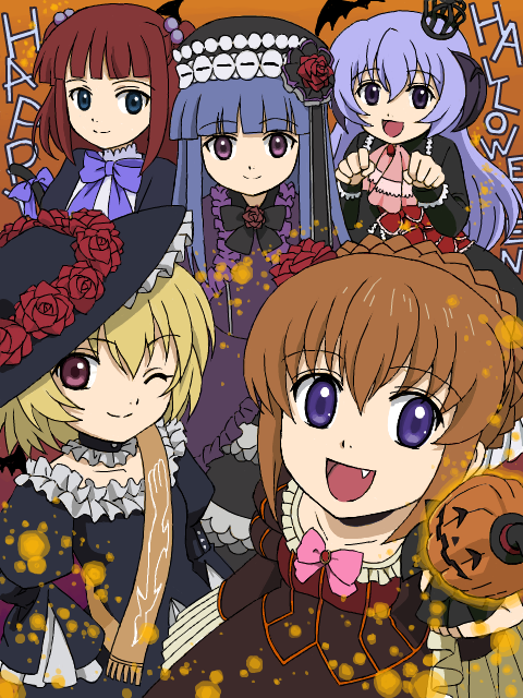 5girls, bat_(animal), beatrice, beatrice_(cosplay), beatrice_(umineko), blonde_hair, blue_eyes, blunt_bangs, bow, brown_hair, cab., child, company_connection, cosplay, creator_connection, crossover, eva_beatrice, eva_beatrice_(cosplay), fang, flower, frederica_bernkastel, frederica_bernkastel_(cosplay), frills, furude_rika, halloween, hanyuu, hat, higurashi_no_naku_koro_ni, horns, houjou_satoko, in-franchise_crossover, jack-o'-lantern, lolita_fashion, long_hair, looking_at_viewer, multiple_girls, official_style, one_eye_closed, open_mouth, pumpkin, purple_eyes, purple_hair, red_hair, rose, short_hair, smile, twintails, umineko_no_naku_koro_ni, ushiromiya_ange, ushiromiya_maria, ushiromiya_maria_(cosplay), virgilia, virgilia_(cosplay), virgilia_(umineko), witch