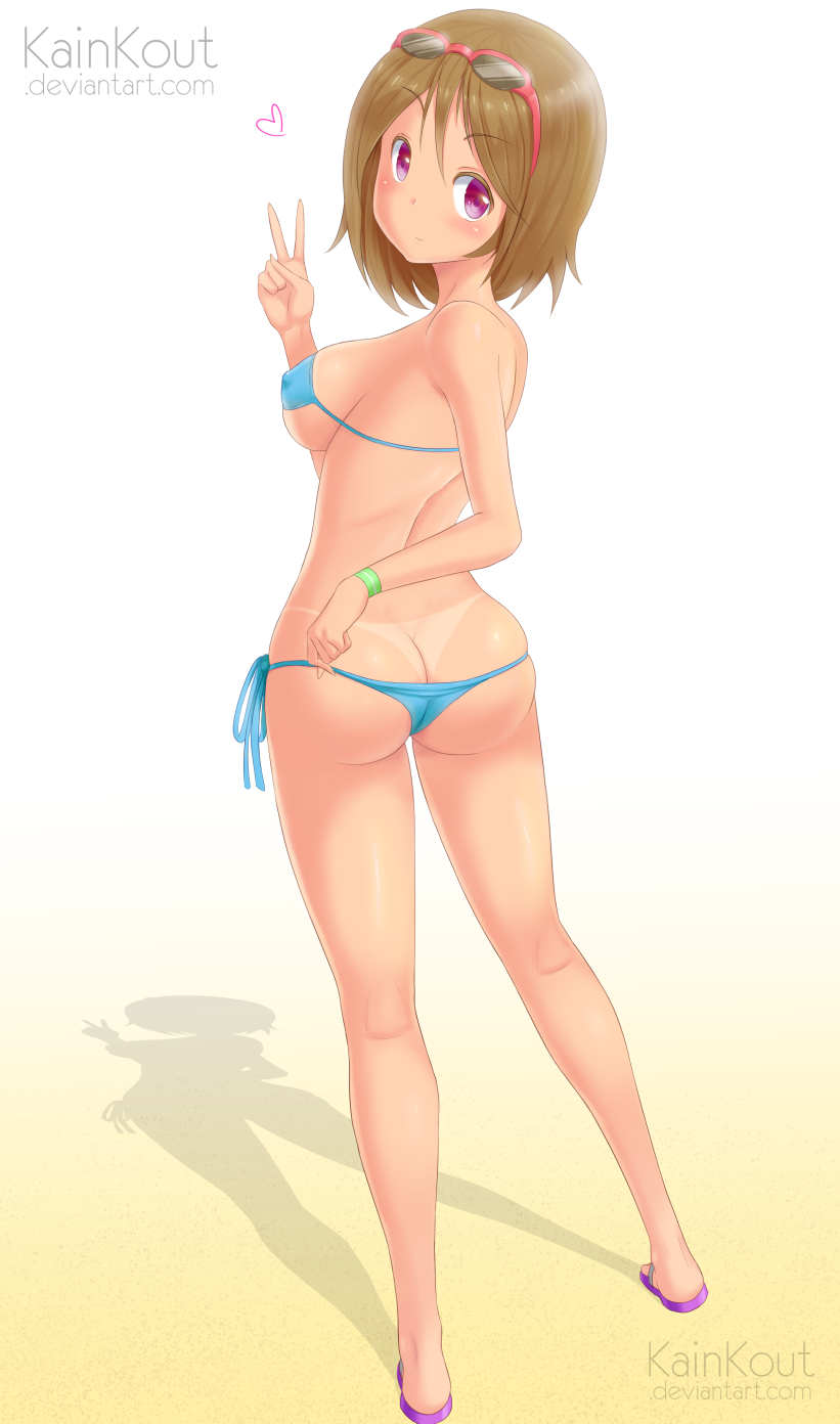 1girl, artist_name, ass, bare_legs, bare_shoulders, barefoot, bikini, bikini_pull, bikini_tan, blue_bikini, blush, breasts, brown_hair, butt_crack, closed_mouth, clothes_pull, covered_erect_nipples, eyewear_on_head, female_focus, flip-flops, from_behind, glasses, highres, kainkout, kneepits, looking_back, md5_mismatch, micro_bikini, original, over-rim_eyewear, purple_eyes, red-framed_eyewear, resized, resolution_mismatch, sandals, semi-rimless_eyewear, shade, shadow, short_hair, side-tie_bikini_bottom, sideboob, simple_background, solo, source_smaller, string_bikini, sunglasses, swimsuit, tan, tanline, tareme, thong_tanline, upscaled, v, watermark, web_address, white_background, wristband