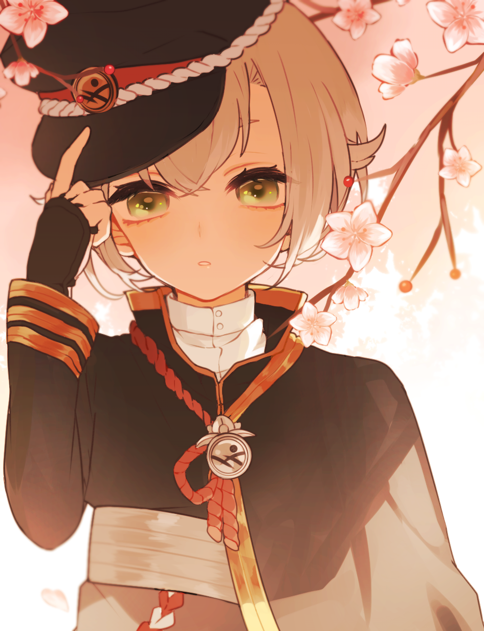 10s, 1boy, bisco9skm, branch, cape, cherry_blossoms, child, green_eyes