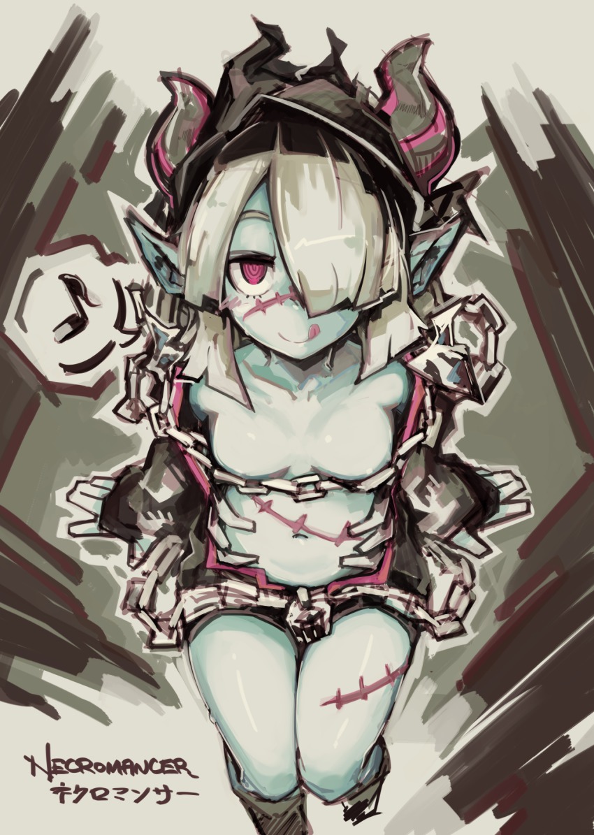 1girl, :q, blue_skin, breasts, chain, character_name, colored_skin, convenient_censoring, deel_(rkeg), etrian_odyssey, female_focus, hair_over_one_eye, hat, highres, horns, midriff, monster_girl, musical_note, navel, necromancer_(sekaiju), necromancer_2_(sekaiju), pointy_ears, red_eyes, scar, sekaiju_no_meikyuu, sekaiju_no_meikyuu_5, short_shorts, shorts, silver_hair, small_breasts, solo, spoken_musical_note, tongue, tongue_out