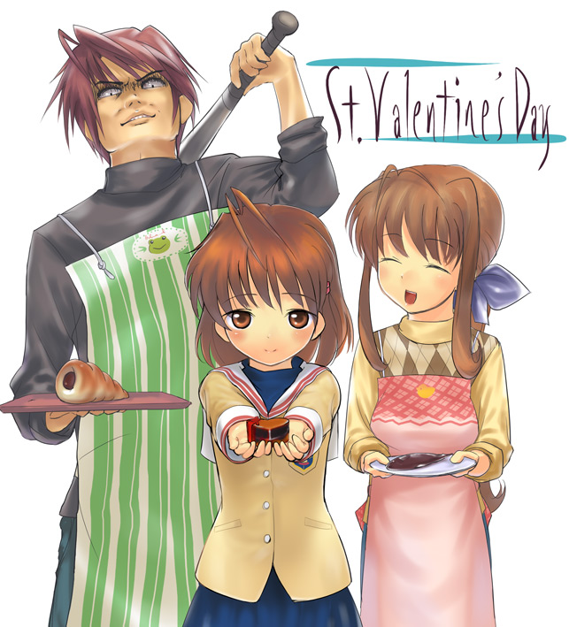 00s, 1boy, 2girls, :d, ^_^, ahoge, antenna_hair, apron, baseball_bat, blue_skirt, blush, box, brown_hair, candy, cardigan, chocolate, chocolate_cornet, chocolate_heart, clannad, closed_eyes, closed_mouth, coat, cornet_(food), family, food, frog_apron, furukawa_akio, furukawa_nagisa, furukawa_sanae, gift, gift_box, glaring, green_apron, heart, hikarizaka_private_high_school_uniform, holding, holding_baseball_bat, holding_food, holding_plate, holding_tray, incoming_gift, jacket, key_(company), looking_at_viewer, multiple_girls, negy, open_mouth, parents_and_daughter, pink_apron, plate, school_uniform, serafuku, short_hair, simple_background, skirt, smile, standing, sweater, tray, turtleneck, valentine, valentine_chocolate, white_background, yellow_cardigan, yellow_coat, yellow_jacket