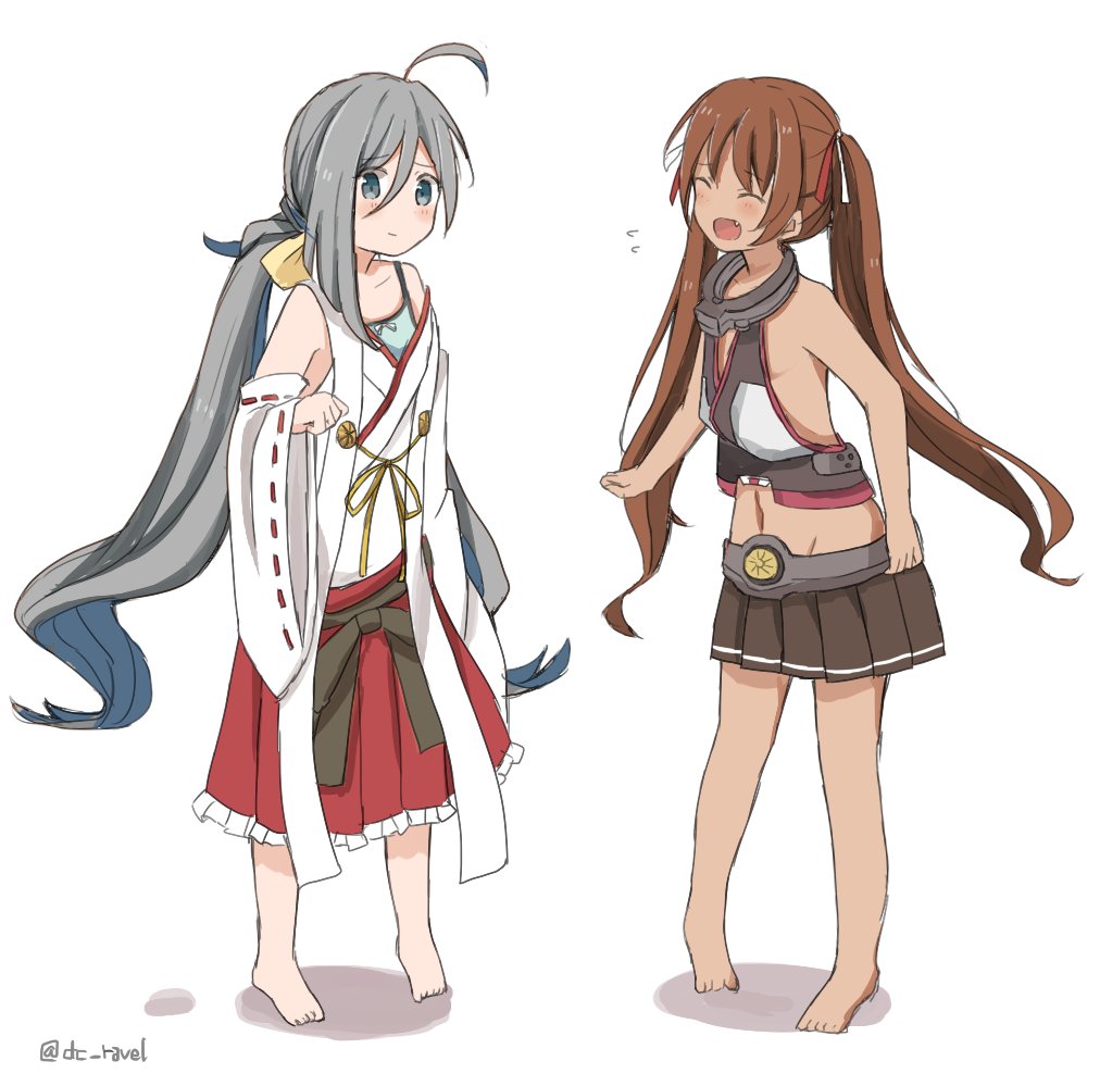 2girls, ahoge, alternate_costume, bad_id, bad_twitter_id, bare_shoulders, barefoot, blue_hair