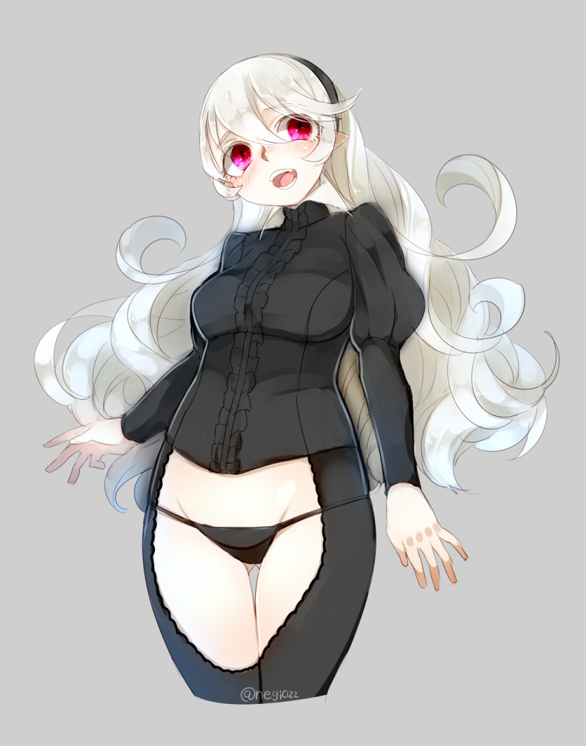 1girl, :d, arms_at_sides, artist_name, blush, breasts, center_frills, center_opening