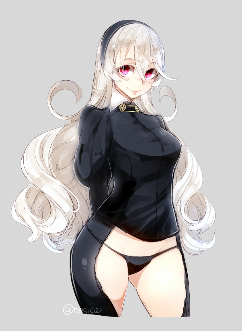 1girl, arms_behind_back, black_panties, breasts, cropped_legs, crotchless, crotchless_pants, curly_hair, female_corrin_(fire_emblem), female_focus, fire_emblem, fire_emblem_fates, hair_between_eyes, hairband, highres, juliet_sleeves, long_hair, long_sleeves, medium_breasts, nintendo, nokishita_negio, panties, pants, pointy_ears, puffy_sleeves, red_eyes, sketch, smile, solo, twitter_username, underwear, white_hair