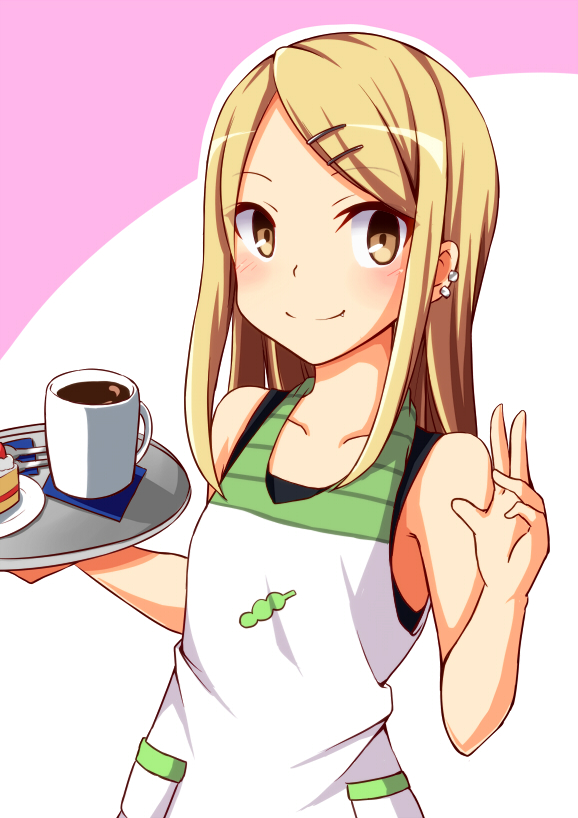 10s, 1girl, blonde_hair, blush, cake, camisole, coffee, coffee_mug, collarbone, cup, dagashi_kashi, ear_piercing, earrings, endou_saya, fang, fang_out, female_focus, food, hair_ornament, hairclip, jewelry, long_hair, looking_at_viewer, mug, nitizyo, petite, piercing, shogakukan, solo, stud_earrings, tank_top, tray, waving, yellow_eyes