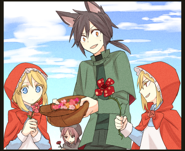 1girl, 2boys, akazukin_no_ookami, androgynous, animal_ears, blonde_hair, blue_eyes, brown_hair, camille_(akazukin_no_ookami), cape, capelet, dress, dual_persona, fangs, flower, hat, hood, juliet_sleeves, kanade_(unchi_knd280), long_sleeves, multiple_boys, perpetrator_(akazukin_no_ookami), ponytail, puffy_sleeves, rafflesia_(flower), red_eyes, red_hair, red_hood, rosetta_(akazukin_no_ookami), short_hair, smile, ster_(akazukin_no_ookami), wolf_ears, yellow_eyes