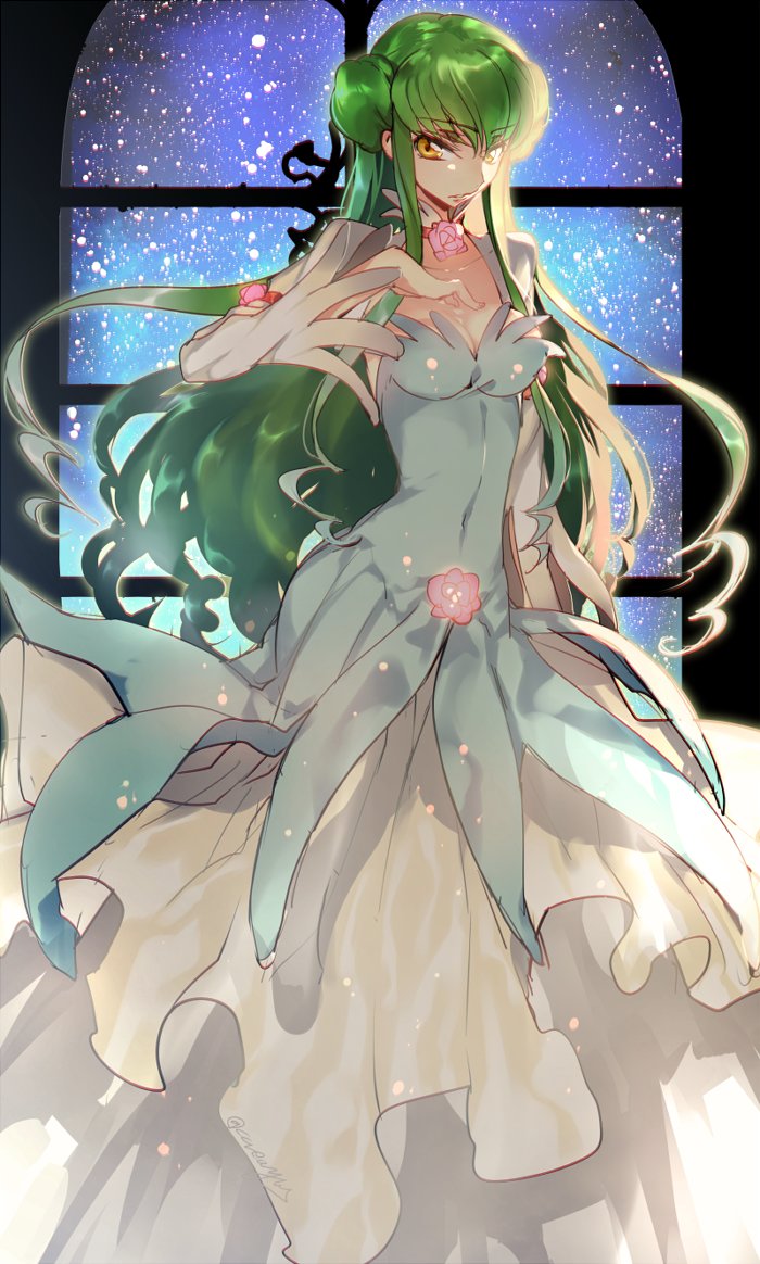 1girl, breasts, c.c., cleavage, code_geass, cosplay, covered_navel, creayus, double_bun, euphemia_li_britannia, euphemia_li_britannia_(cosplay), female_focus, green_hair, hair_bun, long_hair, looking_at_viewer, medium_breasts, solo, twitter_username, yellow_eyes