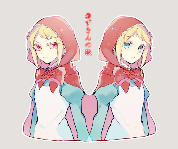 1boy, 1girl, akazukin_no_ookami, blonde_hair, blue_eyes, cape, dress, dual_persona