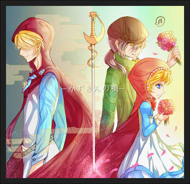 1girl, 2boys, akazukin_no_ookami, bad_id, bad_pixiv_id, blonde_hair, blue_eyes, brown_hair, newsboy_cap, camille_(akazukin_no_ookami), cape, capelet, dress, dual_persona, flower, good_end, hat, hood, juliet_sleeves, long_sleeves, multiple_boys, nizouxing, ponytail, puffy_sleeves, red_hood, rosetta_(akazukin_no_ookami), short_hair, smile, spoilers, ster_(akazukin_no_ookami), sword, weapon