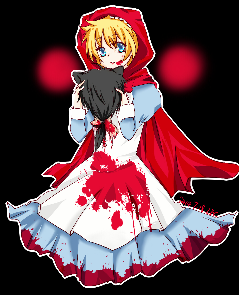 1girl, akazukin_no_ookami, animal_ears, bad_end, blonde_hair, blood, blue_eyes, brown_hair