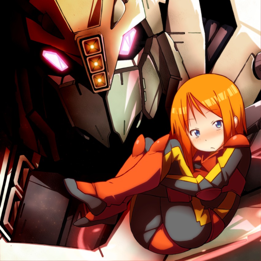 1girl, blue_eyes, blush, bodysuit, glowing, glowing_eyes, gundam, gundam_zz, highres, hugging_own_legs, mecha, onimaru_(onimal7802), orange_hair, pilot_suit, puru_two, quin_mantha, robot, short_hair, sidelocks