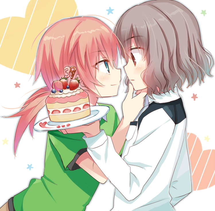 2boys, barufoa, blue_eyes, blueberry, blush, brown_eyes, brown_hair, cake