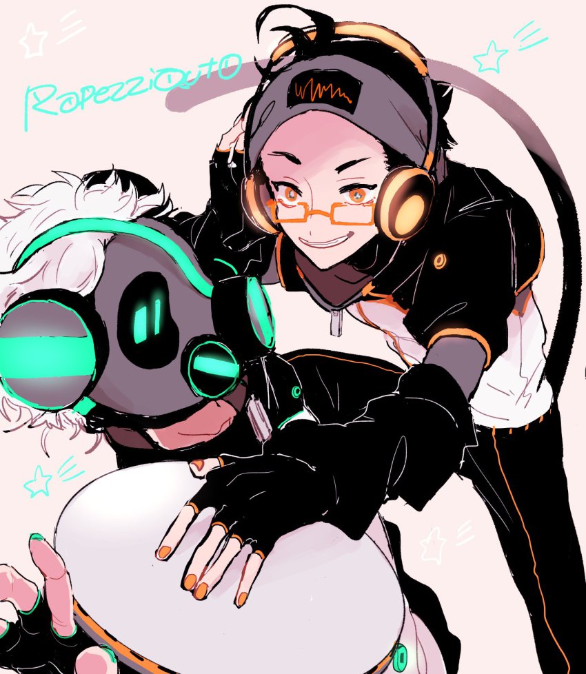 10s, 2boys, acidmond, audio_visualizer, bad_id, bad_twitter_id, black_hair, djyksbeat, glasses, green_nails, headphones, highres, male_focus, mask, monkey_tail, multiple_boys, nail_polish, neon_trim, orange-framed_eyewear, orange_eyes, orange_nails, phonograph, show_by_rock!!, simple_background, star_(symbol), tail, turntable, white_background, white_hair