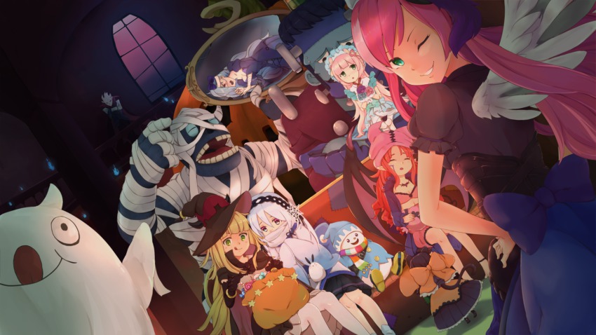 6+girls, :q, bat_wings, candy, candy_cane, cape, duel_monster, food, ghost, ghostrick_alucard, ghostrick_angel_of_mischief, ghostrick_doll, ghostrick_jackfrost, ghostrick_mary, ghostrick_mummy, ghostrick_socuteboss, ghostrick_specter, ghostrick_stein, ghostrick_witch, ghostrick_yuki-onna, hairband, halloween, hat, highres, hsin, jack-o'-lantern, licking_lips, lollipop, looking_at_viewer, mob_cap, monster, multiple_girls, smile, tongue, tongue_out, wings, witch_hat, yu-gi-oh!