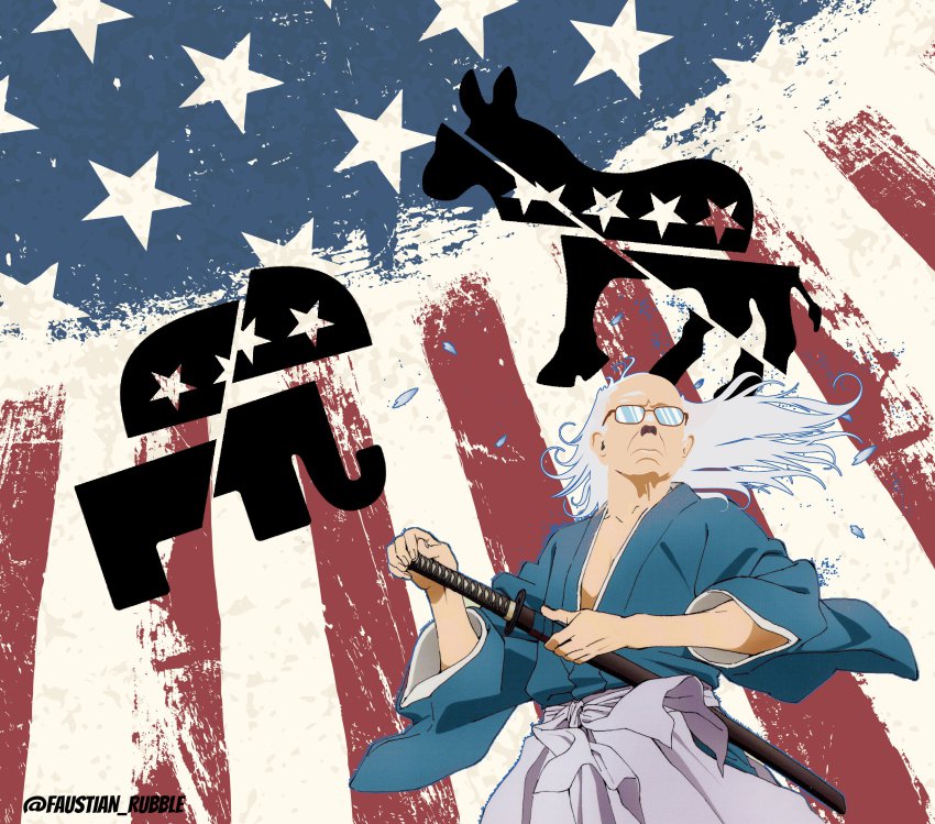 1boy, absurdres, alternate_hair_length, alternate_hairstyle, american_flag, artist_name, bernie_sanders, collarbone, cowboy_shot, donkey, elephant, faustian_rubble, glasses, highres, japanese_clothes, katana, long_hair, male_focus, old, old_man, opaque_glasses, petals, real_life, samurai, sheath, sheathed, solo, standing, sword, twitter_username, weapon, white_hair