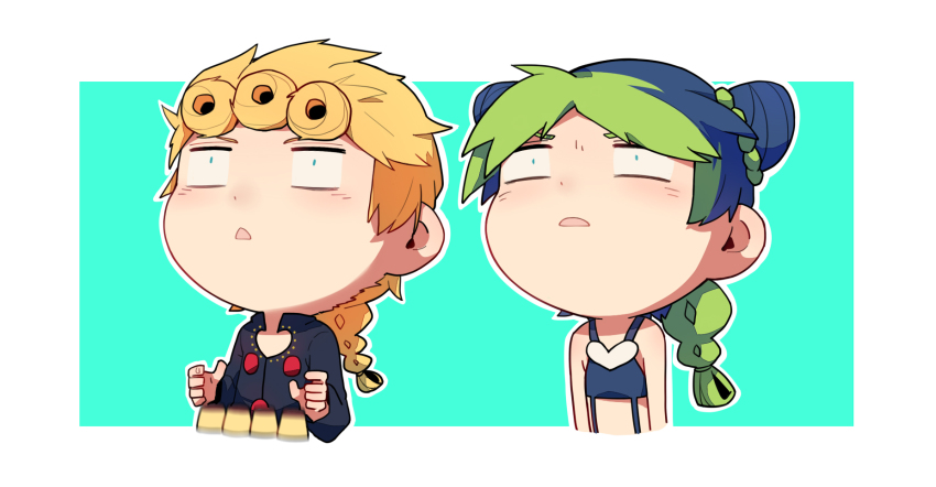 1boy, 1girl, :o, aqua_eyes, bad_id, bad_pixiv_id, blonde_hair, blue_hair, braid, chibi, double_bun, food, giorno_giovanna, green_hair, hair_bun, heart, highres, jojo_no_kimyou_na_bouken, kuujou_jolyne, looking_up, motion_blur, multicolored_hair, open_mouth, outline, pudding, single_braid, triangle_mouth, two-tone_hair, vento_aureo, wang_xinquan, wide-eyed