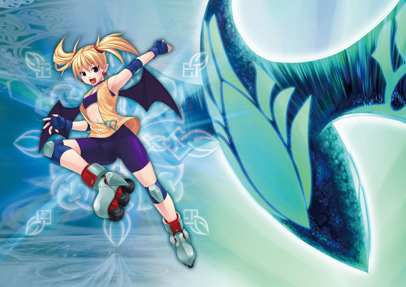 1girl, aq_interactive, arcana_heart, atlus, bat_wings, examu, lilica_felchenerow, official_art, roller_skates, skates, tempestas, twintails, wings