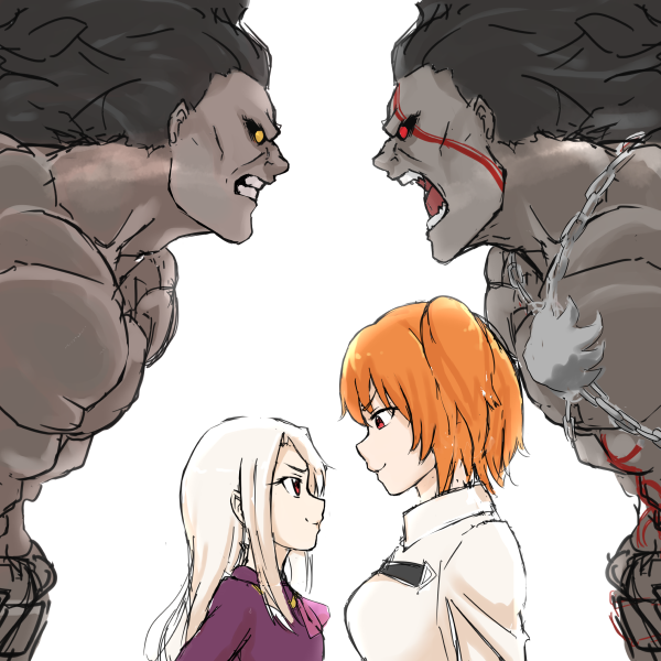 2boys, 2girls, bad_id, bad_pixiv_id, black_hair, facial_mark, fate/grand_order, fate/stay_night