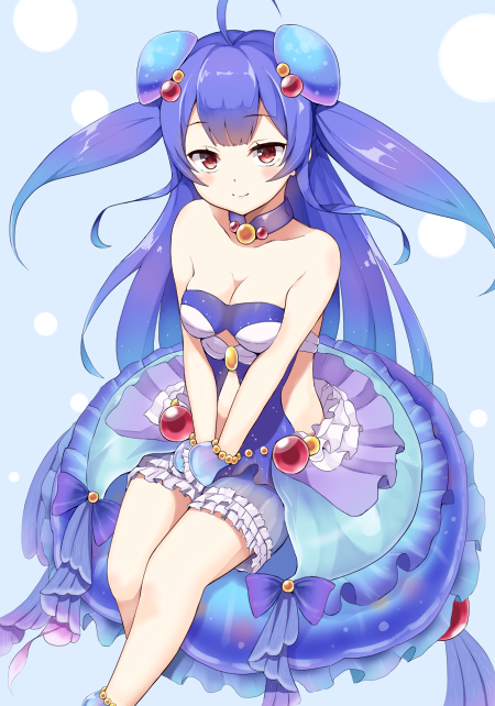 1girl, ahoge, bare_shoulders, blue_hair, breasts, cleavage, dress, female_focus