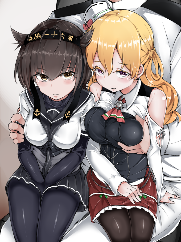 013_(hamsasuke), 10s, 1boy, 2girls, admiral_(kancolle), anchor, antenna_hair, ascot