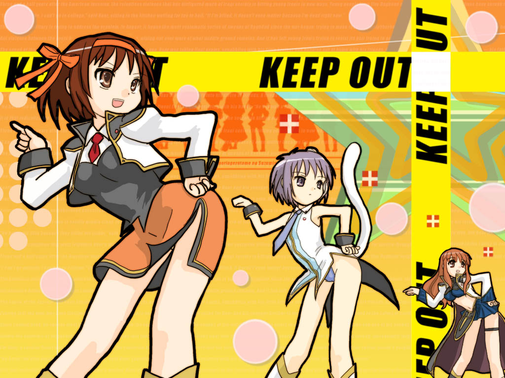 3girls, asahina_mikuru, broccoli_(company), brown_hair, caution_tape, cherry_ice, cherry_pie, ga_rune_pose