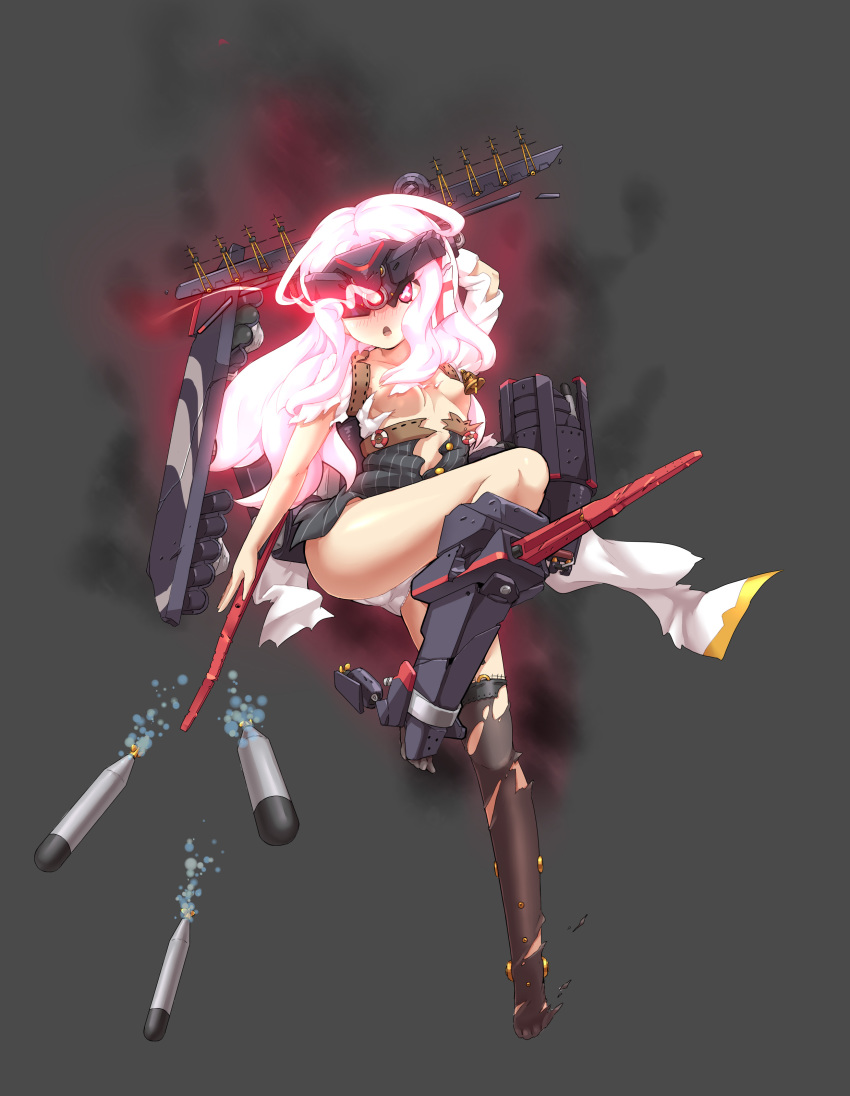 1girl, absurdres, anti-aircraft, anti-aircraft_gun, asymmetrical_legwear, black_thighhighs, blouse, blush